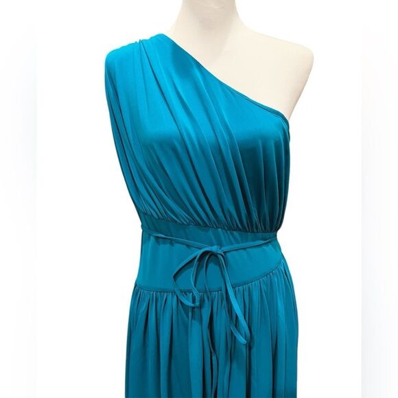 Halston Idalia One Shoulder Ruched Midi Dress Stretch Cocktail Blue Teal 10 NWT - Picture 6 of 13